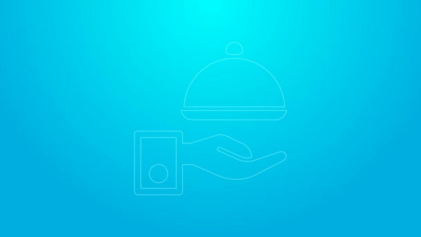 Pink line Covered with a tray of food icon isolated on blue background. Tray and lid sign. Restaurant cloche with lid. 4K Video motion graphic animation — Stock Video