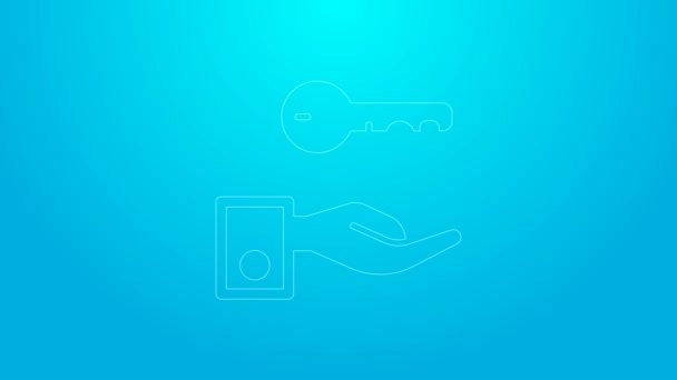 Różowa linia Ikona klucza do drzwi hotelowych na niebieskim tle. 4K Animacja graficzna ruchu wideo — Wideo stockowe