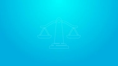 Mavi arka planda izole edilmiş pembe ölçekli adalet simgesi. Hukuk mahkemesi sembolü. Denge tabelaları. 4K Video hareketli grafik canlandırması