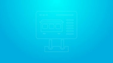 Pembe hat bilet ofisi mavi arka planda izole edilmiş tren ya da uçak ikonu için bilet alacak. Bilet alıyorum. Bilet servisi. 4K Video hareketli grafik canlandırması