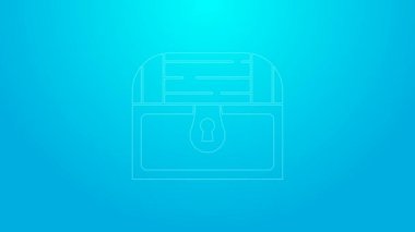 Mavi arka planda izole edilmiş pembe çizgi antika hazine sandığı ikonu. Altın sikkeli klasik tahta sandık. 4K Video hareketli grafik canlandırması