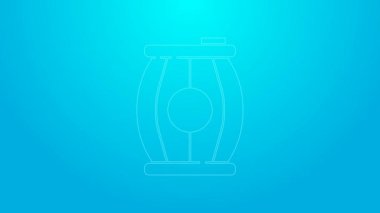 Pembe çizgi barut namlusu ikonu mavi arkaplanda izole edildi. TNT dinamit ahşap fıçı. 4K Video hareketli grafik canlandırması