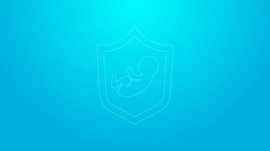 Kalkan ikonundaki pembe çizgi bebek mavi arka planda izole edildi. Çocuk güvenliği işareti. 4K Video hareketli grafik canlandırması