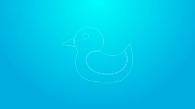 Mavi arka planda izole edilmiş pembe çizgili plastik ördek ikonu. 4K Video hareketli grafik canlandırması