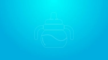 Pembe çizgi bebek şişesi ikonu mavi arka planda izole edilmiş. Beslenme şişesi simgesi. Süt şişesi tabelası. 4K Video hareketli grafik canlandırması