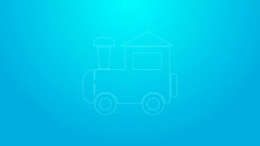 Pembe çizgi oyuncak tren ikonu mavi arkaplanda izole edildi. 4K Video hareketli grafik canlandırması