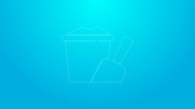 Mavi arka planda izole edilmiş kürek simgesiyle kovadaki pembe çizgi. Plastik çocuk oyuncağı. Yaz ikonu. 4K Video hareketli grafik canlandırması