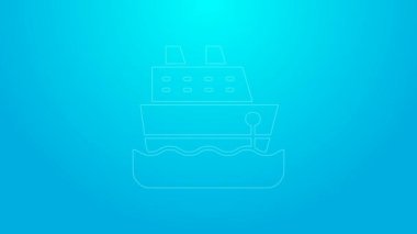 Pembe çizgili gemi ikonu mavi arka planda izole edildi. Seyahat turizmi deniz taşımacılığı. Yolcu gemisi, yolcu gemisi. Dünya çapında bir gezi. 4K Video hareketli grafik canlandırması