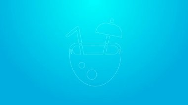 Mavi arka planda pembe çizgili hindistan cevizi suyu egzotik kokteyl ve şemsiye ikonu var. 4K Video hareketli grafik canlandırması