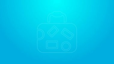 Seyahat simgesi için pembe bavul mavi arkaplanda izole edildi. Seyahat bagaj tabelası. Seyahat bagaj ikonu. 4K Video hareketli grafik canlandırması