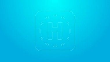 Pembe çizgili helikopter iniş pisti simgesi mavi arkaplanda izole edildi. Helikopter pisti, alan, platform, H harfi. 4K Video hareketli grafik canlandırması