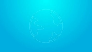 Pembe çizgi dünya çapında mavi arkaplanda izole edilmiş bir simge. Yerküreye iğnele. 4K Video hareketli grafik canlandırması