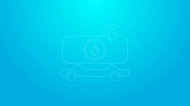 Pembe çizgi yakıt tankeri ikonu mavi arka planda izole edildi. Benzin tankeri. 4K Video hareketli grafik canlandırması