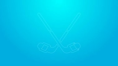 Pembe çizgili buz hokeyi sopaları mavi arka planda izole edilmiş. 4K Video hareketli grafik canlandırması