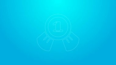 Mavi arkaplanda pembe çizgi madalyası ikonu izole edildi. Kazanan sembol. 4K Video hareketli grafik canlandırması