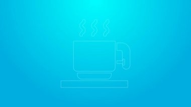 Pembe çizgi. Mavi arka planda izole edilmiş lokum ikonu olan sıcak çikolata bardağı. Mutlu Noeller ve mutlu yıllar. 4K Video hareketli grafik canlandırması