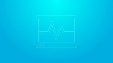 Mavi arkaplanda kardiyogram simgesi olan pembe çizgi bilgisayar monitörü. Simge denetleniyor. Kalp atışı elle çizilmiş EKG monitörü. 4K Video hareketli grafik canlandırması