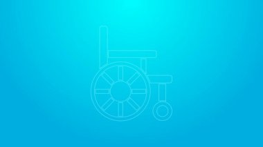 Mavi arka planda izole edilmiş engelli kişi simgesi için pembe çizgi tekerlekli sandalye. 4K Video hareketli grafik canlandırması