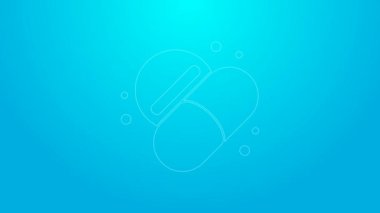 Mavi arka planda izole edilmiş pembe çizgi ilaç veya tablet ikonu. Kapsül hapı ve uyuşturucu işareti. Eczane tasarımı. 4K Video hareketli grafik canlandırması