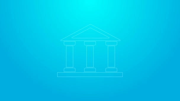 Linea rosa Palazzo di giustizia icona isolata su sfondo blu. Edificio banca o museo. Animazione grafica 4K Video motion — Video Stock