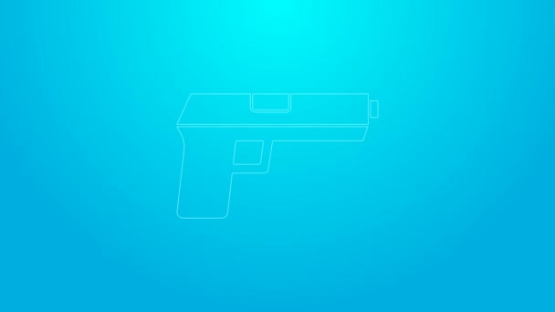 Linea rosa Pistola o pistola icona isolata su sfondo blu. Polizia o pistola militare. Piccola arma da fuoco. Animazione grafica 4K Video motion — Video Stock