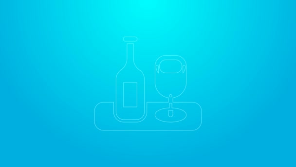 Rosa Linie Weinflasche mit Glassymbol isoliert auf blauem Hintergrund. 4K Video Motion Grafik Animation — Stockvideo