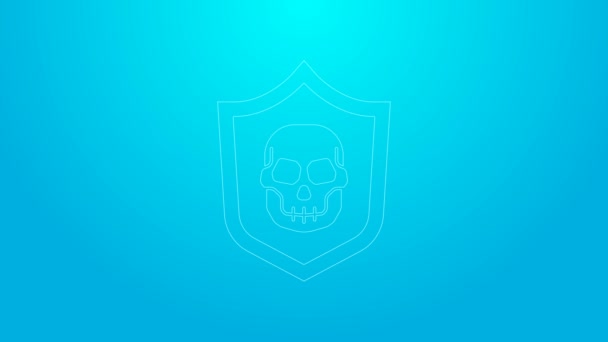 Escudo de línea rosa con icono de cráneo pirata aislado sobre fondo azul. Animación gráfica de vídeo 4K — Vídeos de Stock