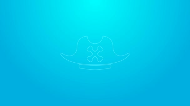 Línea rosa Icono de sombrero pirata aislado sobre fondo azul. Animación gráfica de vídeo 4K — Vídeo de stock