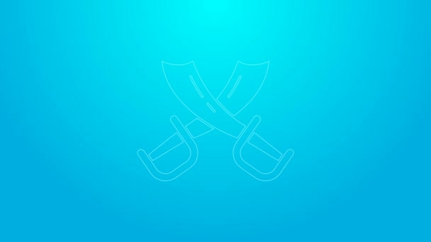 Pink line Crossed pirate swords icon isolated on blue background. Sabre sign. 4K Video motion graphic animation — Stock Video