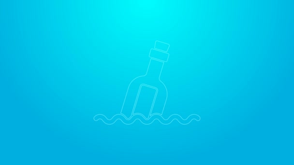 Roze lijn Glazen fles met een bericht in water pictogram geïsoleerd op blauwe achtergrond. Brief in de fles. Piraten symbool. 4K Video motion grafische animatie — Stockvideo