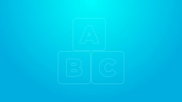 Różowa linia ABC blokuje ikonę izolowaną na niebieskim tle. Kostki alfabetu z literami A, B, C 4K Animacja graficzna ruchu wideo — Wideo stockowe