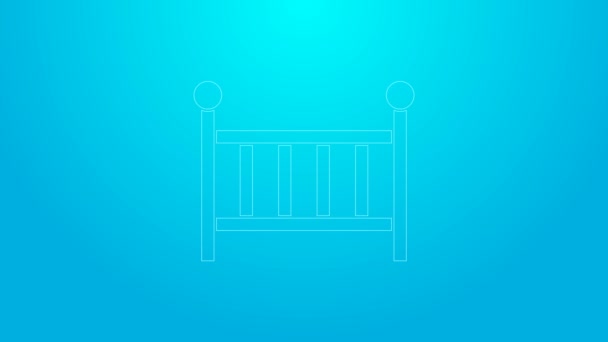 粉红线婴儿婴儿床图标隔离在蓝色背景.4K视频运动图形动画 — 图库视频影像