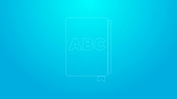 Różowa ikona książki ABC na niebieskim tle. Znak książki słownikowej. Ikona alfabetu. 4K Animacja graficzna ruchu wideo — Wideo stockowe