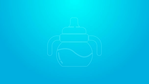 Pink line Baby bottle icon isolated on blue background. Feeding bottle icon. Milk bottle sign. 4K Video motion graphic animation — Stock Video