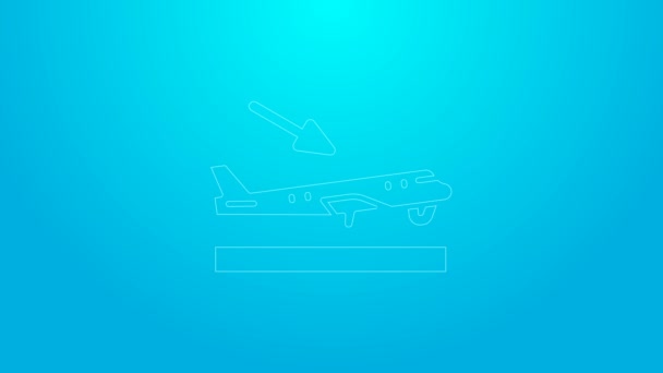 Linha cor-de-rosa ícone de aterragem avião isolado no fundo azul. Símbolo de transporte aéreo. Animação gráfica em movimento de vídeo 4K — Vídeo de Stock