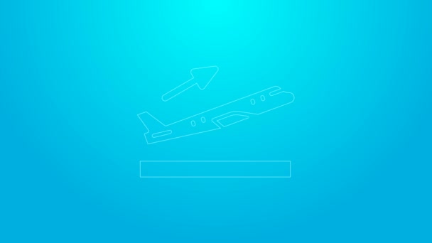 Línea rosa Icono de despegue plano aislado sobre fondo azul. Símbolo de transporte aéreo. Animación gráfica de vídeo 4K — Vídeos de Stock