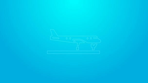Ícone de plano de linha rosa isolado no fundo azul. Ícone de avião voador. Sinal de avião. Animação gráfica em movimento de vídeo 4K — Vídeo de Stock