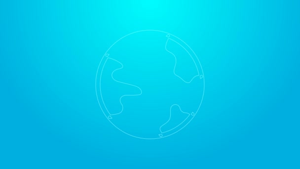 Rózsaszín vonal Világszerte elszigetelt ikon kék alapon. Tűt a bolygóra. 4K Videó mozgás grafikus animáció — Stock videók