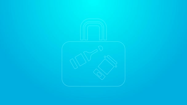 Růžová čára kufr pro cestování ikonu izolované na modrém pozadí. Cestovní nápis zavazadel. Ikona cestovních zavazadel. Grafická animace pohybu videa 4K — Stock video