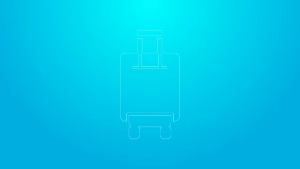 Linea rosa Valigia per icona di viaggio isolata su sfondo blu. Segnale del bagaglio in viaggio. Icona bagaglio da viaggio. Animazione grafica 4K Video motion — Video Stock
