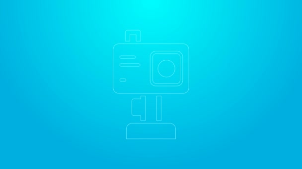 Linea rosa Azione estrema icona della fotocamera isolata su sfondo blu. Videocamera per riprese di sport estremi. Animazione grafica 4K Video motion — Video Stock