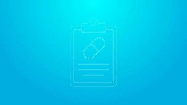 Ligne rose icône de prescription médicale isolé sur fond bleu. Forme Rx. Recette médicale. Symbole pharmacie ou médecine. Animation graphique de mouvement vidéo 4K — Video