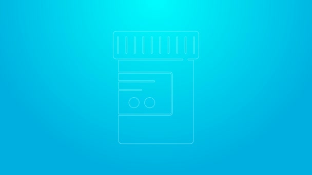 Ligne rose bouteille de médecine et des pilules icône isolée sur fond bleu. Signe de pilule. Conception de pharmacie. Animation graphique de mouvement vidéo 4K — Video