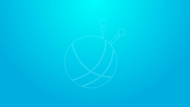 Rosa linje Garnboll med stickad nål ikon isolerad på blå bakgrund. Etikett för handgjorda, stickade eller skräddarsydda butiker. 4K Video motion grafisk animation — Stockvideo