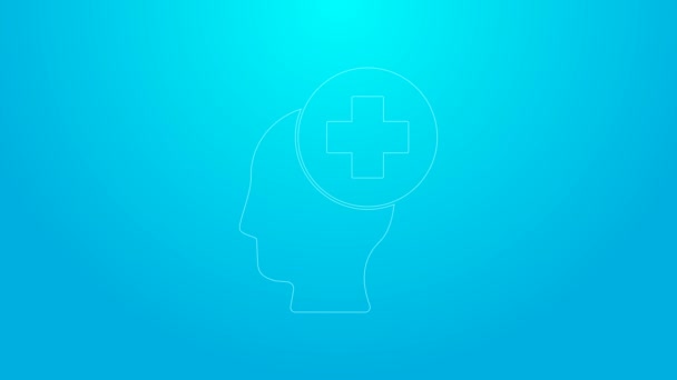 Pink line Cabeça masculina com ícone do hospital isolado em fundo azul. Cabeça com saúde mental, cuidados de saúde e sinal médico. Animação gráfica em movimento de vídeo 4K — Vídeo de Stock