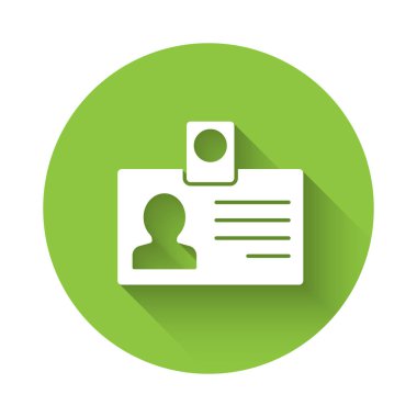 Beyaz kimlik kartı simgesi uzun gölgeyle izole edildi. Sunum için, şirketin kimliği için, reklam için kullanılabilir. Yeşil daire düğmesi. Vektör.