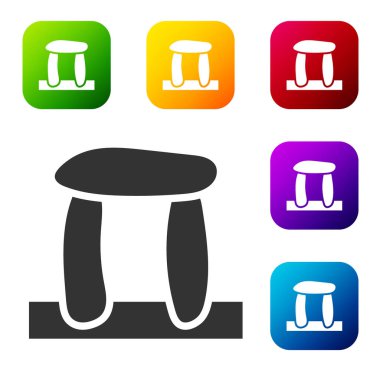 Siyah Stonehenge simgesi beyaz arkaplanda izole edildi. Renkli kare düğmelerle simgeleri ayarla. Vektör.