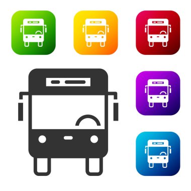 Siyah Otobüs simgesi beyaz arkaplanda izole edildi. Ulaşım konsepti. Otobüs turu tabelası. Turizm ya da kamu aracı sembolü. Renkli kare düğmelerle simgeleri ayarla. Vektör.
