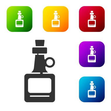 Beyaz arka planda izole edilmiş siyah alkol şişesi ikonu. Renkli kare düğmelerle simgeleri ayarla. Vektör.