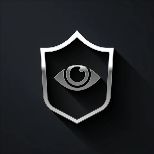 Silver Shield Icona Dell Occhio Isolato Sfondo Nero Sicurezza Protezione — Vettoriale Stock